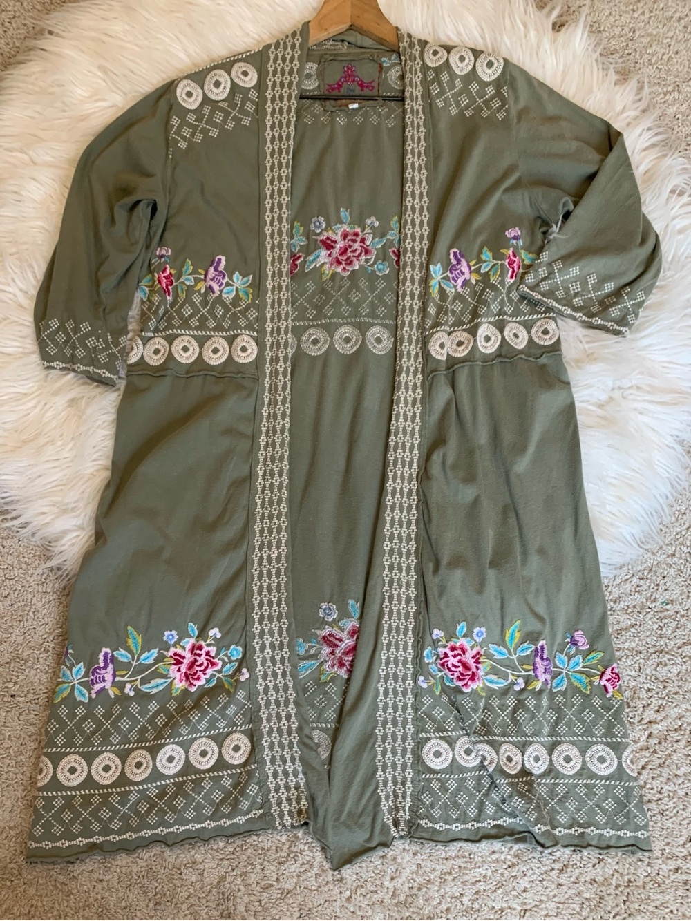 Johnny Was Embroidered Kimono Cardigan Green Multicolor Size M
